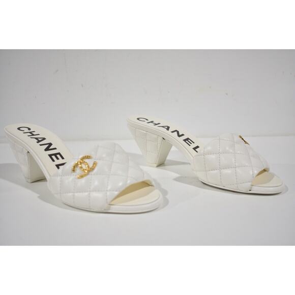 Chanel REV White Lambskin Quilted CC Gold Logo Cone Heel Mule Slide Sandal 37.5 - Picture 3 of 12